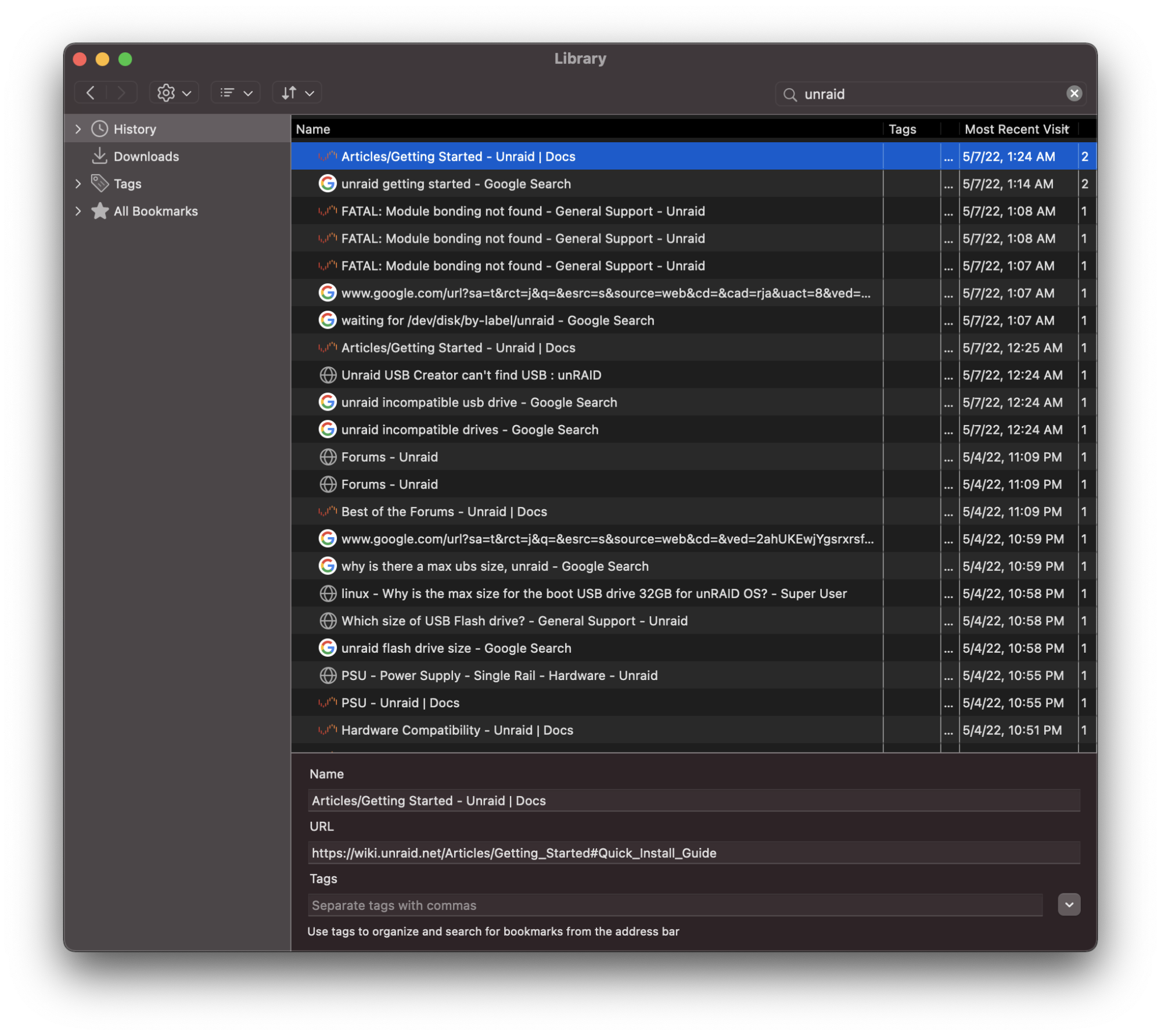 My Firefox history showing a lot of searches for USB issues in unraid